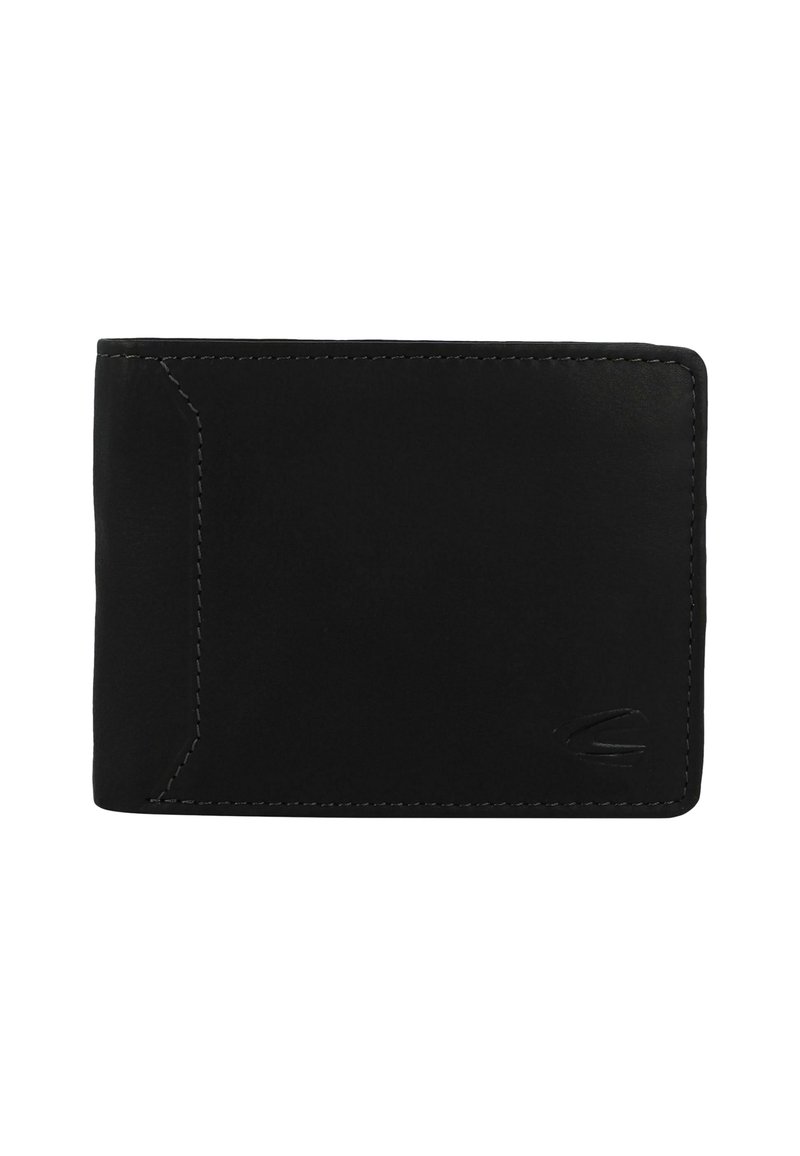 Portefeuille en cuir noir avec une texture lisse, de forme rectangulaire, avec des coins arrondis, des coutures contrastées et un logo subtil embossé sur le devant.
