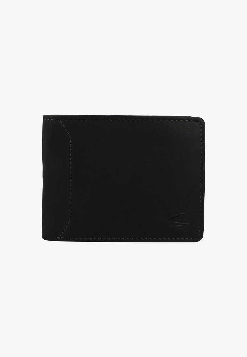 Portefeuille en cuir noir avec une texture lisse, de forme rectangulaire, avec des coins arrondis, des coutures contrastées et un logo subtil embossé sur le devant.