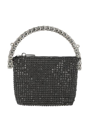 Fekete hálós kézitáska ezüst cipzárral és egy fogantyúval, amelyet nagy átlátszó kerek kristályok díszítenek.