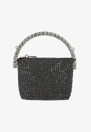 Borsa clutch in rete nera con cerniera argento e manico decorato con grandi cristalli tondi trasparenti.