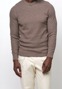 Brauner Strickpullover mit rundem Ausschnitt und langen Ärmeln, gefertigt aus strukturiertem Stoff, kombiniert mit hellfarbigen Hosen.