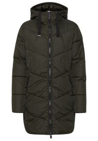 Tmavě zelený zateplený dlouhý zimní kabát s kapucí, černým předním zipem, černými stahovacími šňůrkami a kapsami na zip po stranách.