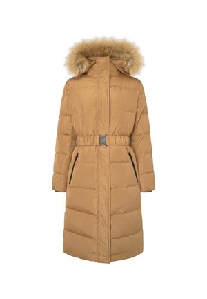 Doudoune marron avec une taille ceinturée, une capuche à bord en fourrure et des poches latérales zippées. Présentant une texture matelassée et des manches longues.