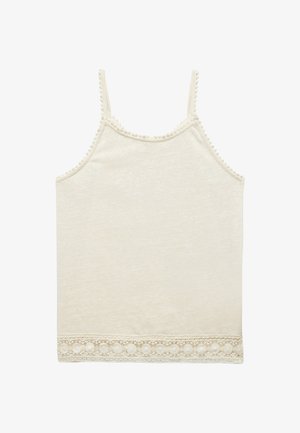 Mouwloze crèmekleurige tanktop van zachte stof, met delicate kantafwerking langs de onderkant en kleine textuuraccenten bij de halslijn.
