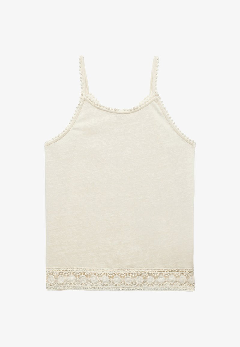 Beżowy top bez rękawów wykonany z miękkiego materiału, z delikatnym koronkowym wykończeniem na dole oraz drobnymi fakturowanymi akcentami przy dekolcie.