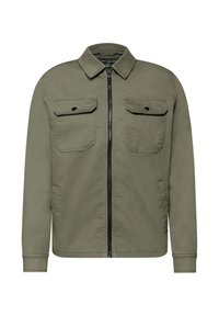 Kurtka w oliwkowej zieleni z zamkiem błyskawicznym z przodu, dwoma klapami na piersi i klasycznym kołnierzem. Charakteryzuje się gładką fakturą i dopasowanym krojem.