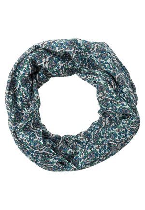 Foulard infini en tissu léger avec motif floral bleu, vert et violet sur fond blanc.