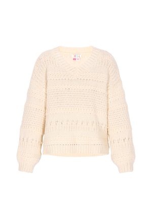 Pulover tricotat crem cu decolteu în V, croială lejeră, modele texturate și mâneci lungi. Prezintă accente cu deschideri și tiv ondulat.