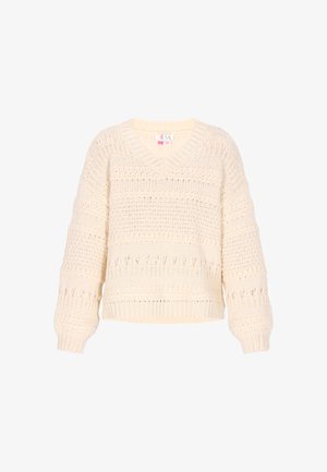 Pulover tricotat crem cu decolteu în V, croială lejeră, modele texturate și mâneci lungi. Prezintă accente cu deschideri și tiv ondulat.