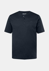 Mörkblå kortärmad henley-t-shirt för herrar, tillverkad av mjuk bomull, med två knappar vid kragen och en subtil logotyp på bröstet.