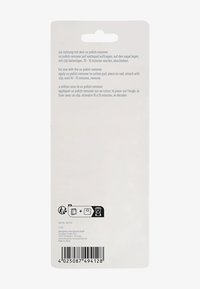 L'arrière d'un emballage de dissolvant de vernis UV, présentant des instructions multilingues, un fond clair et un code-barres en bas à droite.