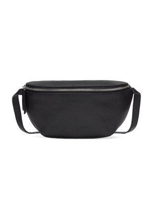 Marsupio in pelle nera con finitura testurizzata, dotato di chiusura con zip superiore e design piatto. Include una tracolla per un facile trasporto.