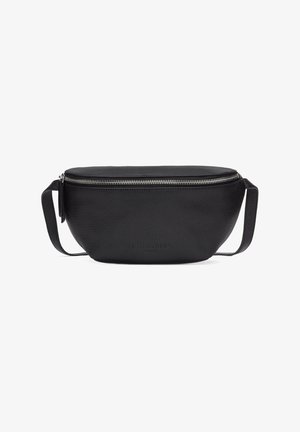 Schwarze Leder-Gürteltasche mit strukturierter Oberfläche, ausgestattet mit einem oberen Reißverschluss und einem flachen Design. Enthält einen seitlichen Riemen für einfaches Tragen.