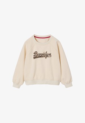 Cremefarbener Sweatshirt mit Raglanärmeln, gerippten Bündchen und rundem Ausschnitt. Besitzt den Text "Brooklyn" in brauner, strukturierter Schrift.