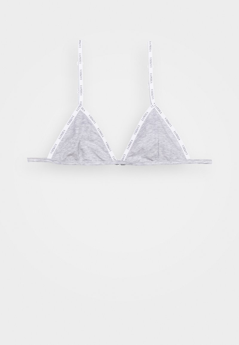 Bralette triangular cinza com alças elásticas brancas de marca, material suave, copas não almofadadas e uma textura lisa. Design simples sem embellishments.