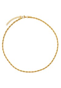Collier en chaîne torsadée en or avec une fermeture à verrou et une chaîne d'extension réglable pour varier la longueur. Texture lisse et finition brillante.