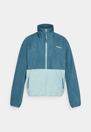 Blue and light blue fleece pullover with half zipper, stand collar, zippered side pockets, and Columbia logo on the chest.