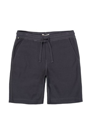 Donkergrijze korte broek van gestructureerd materiaal, met een elastische tailleband met trekkoord en twee zijzakken.