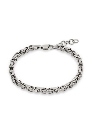 Silver chain bracelet with rectangular interlocking links and a lobster clasp closure with adjustable links on a white background.