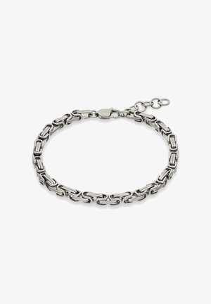 Silberkettengliederarmband mit rechteckigen, ineinandergreifenden Gliedern und Karabinerverschluss mit verstellbaren Gliedern vor weißem Hintergrund.