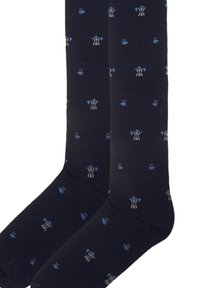 Calze blu navy lunghe fino al ginocchio realizzate in tessuto morbido, con un motivo di caffettiere e tazze in blu chiaro e grigio.