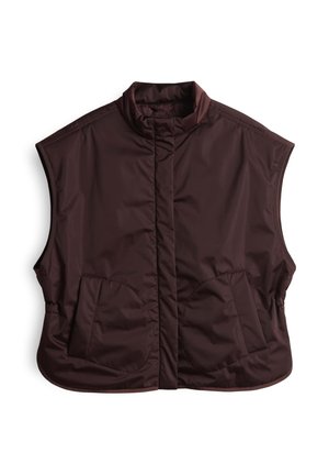 Brown padded vest with a high collar, sleeveless design, and two large front pockets, featuring a smooth, water-resistant fabric.