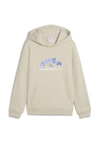 Beżowa bluza z kangurzą kieszenią, z niebieskimi logo i napisem Marseille. Wykonana z miękkiego materiału, ma regulowany kaptur i ściągacze przy mankietach.