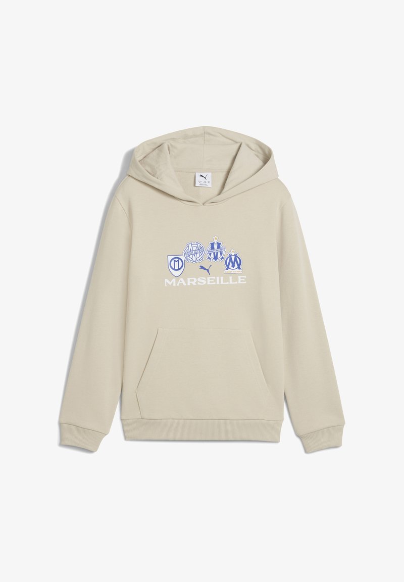 Beżowa bluza z kangurzą kieszenią, z niebieskimi logo i napisem Marseille. Wykonana z miękkiego materiału, ma regulowany kaptur i ściągacze przy mankietach.