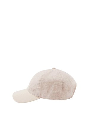 Light beige baseball cap with a curved brim, soft fabric texture, and stitched panel design, shown from the side on a white background.
