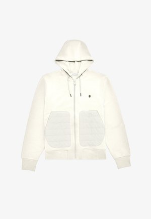 Fehér cipzáras kapucnis pulóver elöl kenguruzsebbel, párnázott részletekkel. Kötött kapucnival és bordázott mandzsettákkal, valamint szegéllyel rendelkezik.