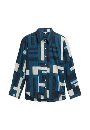Camisa de botones con cuello en azul oscuro, con un patrón geométrico en tonos variados de azul y beige. Fabricada en un tejido ligero, de mangas largas.