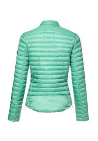 Lightweight, mint green puffer jacket with a quilted design, long sleeves, zippered hem details, and a high collar.