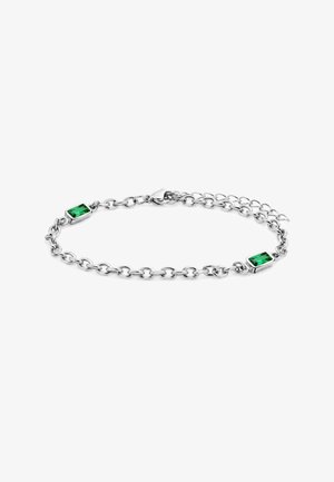 Silbernes Kettenarmband mit zwei rechteckigen grünen Edelsteinen und einem Karabinerverschluss mit verstellbaren Gliedern.
