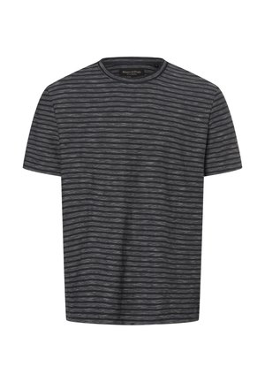 Ciemnoszary t-shirt z krótkim rękawem i okrągłym dekoltem, z cienkimi poziomymi jasnoszarymi paskami, z metką Marc O’Polo wewnątrz kołnierzyka.