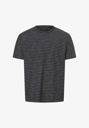 Donkergrijs T-shirt met korte mouwen en een ronde hals, voorzien van dunne horizontale lichtgrijze strepen, met het label Marc O’Polo aan de binnenkant van de kraag.