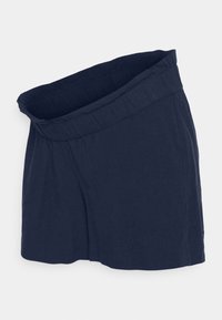 Tmavě modrá sukně z lehké látky s širokým texturovaným pasem a nařasenými sklady, navržená pro pohodlný střih.