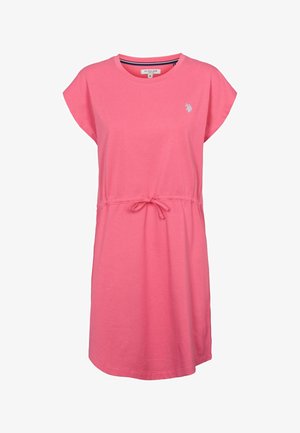 Rózsaszín pamut pólóruha rövid ujjakkal és kerek nyakkivágással. Zsinóros derékkal és kis logóhímzéssel a mellrészen.