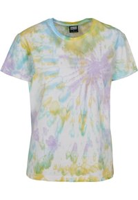 Bomulds t-shirt med et flerfarvet tie-dye mønster i pastelfarver af blå, lilla og gul. Rund halsudskæring, kortærmede.