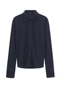 Navy long-sleeve button-up shirt featuring a classic collar, front buttons, and a soft, smooth texture. Simple and tailored design.