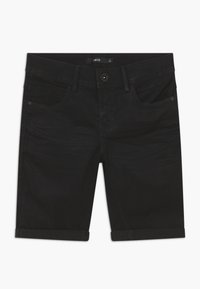 Zwarte denim shorts met opgerolde manchetten, voorzien van een knoopsluiting en vijf zakken. Glad textuur en standaard pasvorm ontwerp.