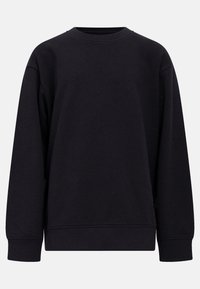 Čierna pulóvrová mikina z mäkkej, štruktúrovanej látky. Má okrúhly výstrih, dlhé rukávy a rebrované manžety a lem. Jednoduchý, jednofarebný dizajn.