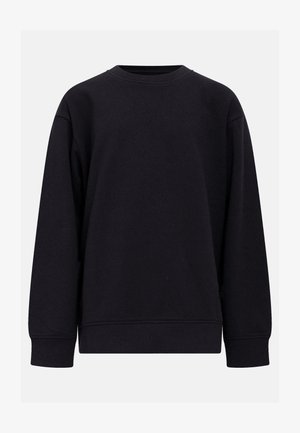 Μαύρο πουλόβερ σε απαλό, υφασμένο ύφασμα με υφή. Διαθέτει στρογγυλή λαιμόκοψη, μακριά μανίκια και ριμπ μανσέτες και τελείωμα. Απλός, μονόχρωμος σχεδιασμός.