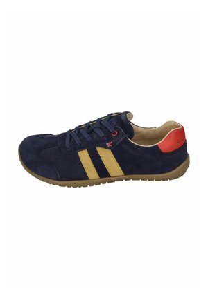 Navy blue suede shoe with yellow stripes, red heel accent, and black laces. Features a textured surface and a gum rubber sole.