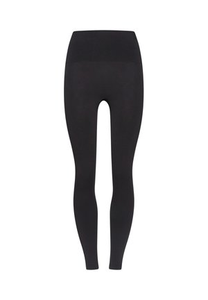 Leggings noirs avec une taille haute, fabriqués dans un tissu lisse et extensible. Le design est cintré sans coutures ni motifs visibles.