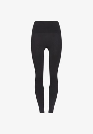 Leggings noirs avec une taille haute, fabriqués dans un tissu lisse et extensible. Le design est cintré sans coutures ni motifs visibles.