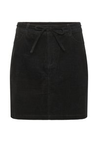 Jupe en velours côtelé noir avec taille à cordon de serrage, présentant une texture à côtes verticales et deux poches latérales. Longueur courte et design simple.
