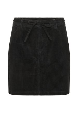 Black corduroy skirt with a drawstring waist, featuring vertical ribbed texture and two side pockets. Short length and simple design.