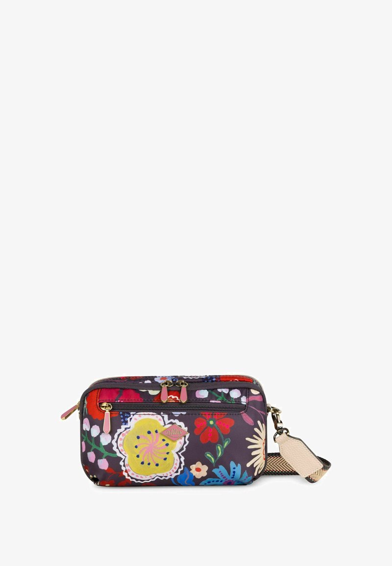 Borsa in tessuto a fantasia floreale con sfondo scuro. Presenta una tasca frontale con zip, doppie zip laterali e una tracolla removibile.