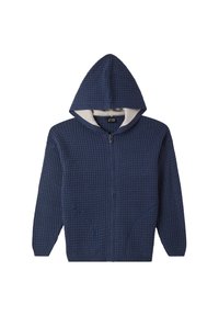 Felpa con zip di colore blu navy, in tessuto strutturato, con tasche frontali e rivestimento grigio chiaro all'interno del cappuccio, mostrata distesa su uno sfondo bianco.