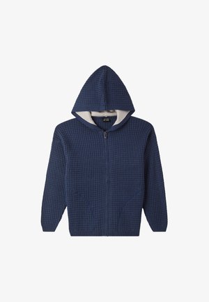 Granatowy teksturowany hoodie zapinany na zamek z przednimi kieszeniami i jasnoszarym wykończeniem wewnątrz kaptura, wyeksponowany na płasko na białym tle.